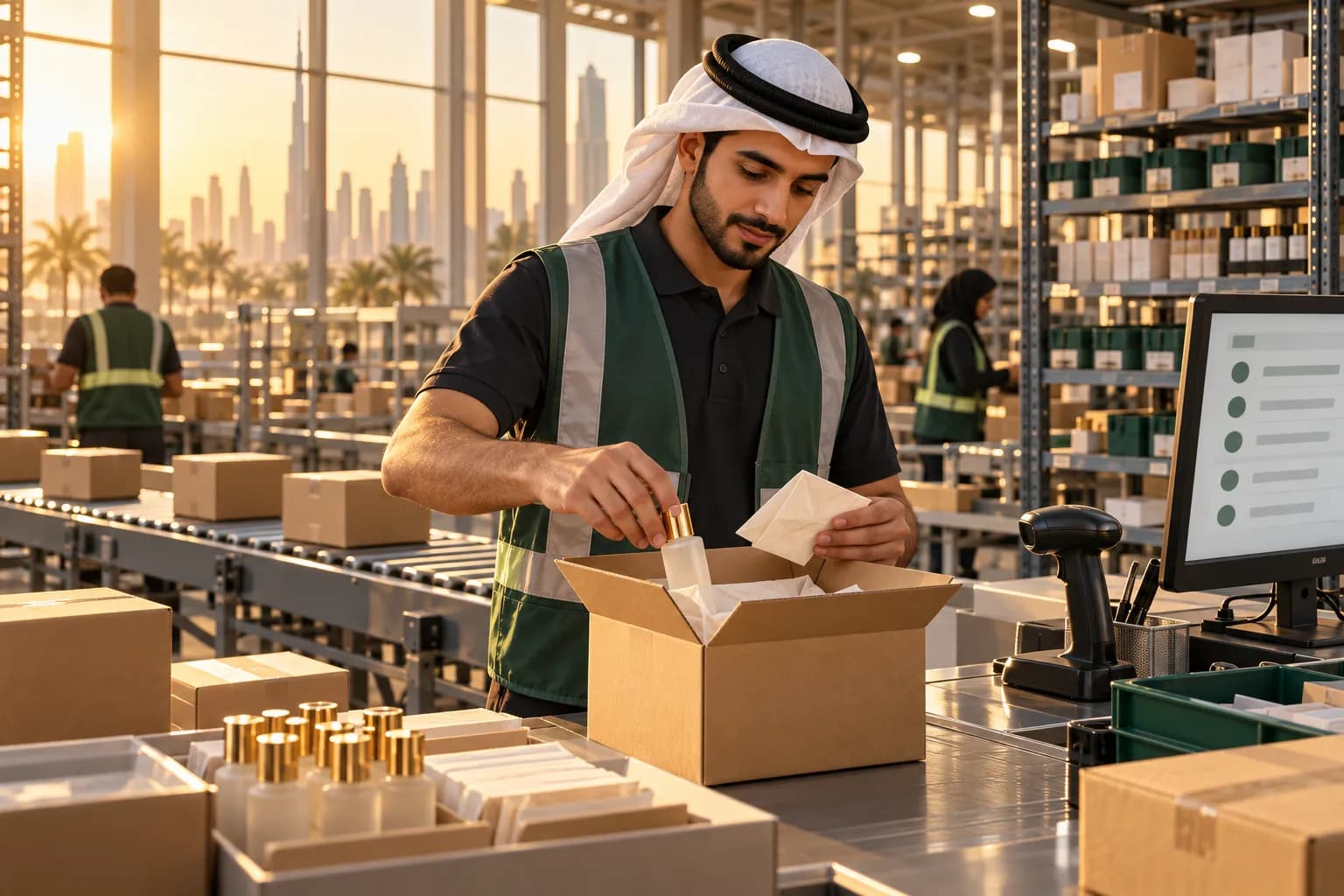 A warehouse worker in Dubai packing a skincare order into a plain box at a pick-and-pack station, with a barcode scanner and order screen beside him
