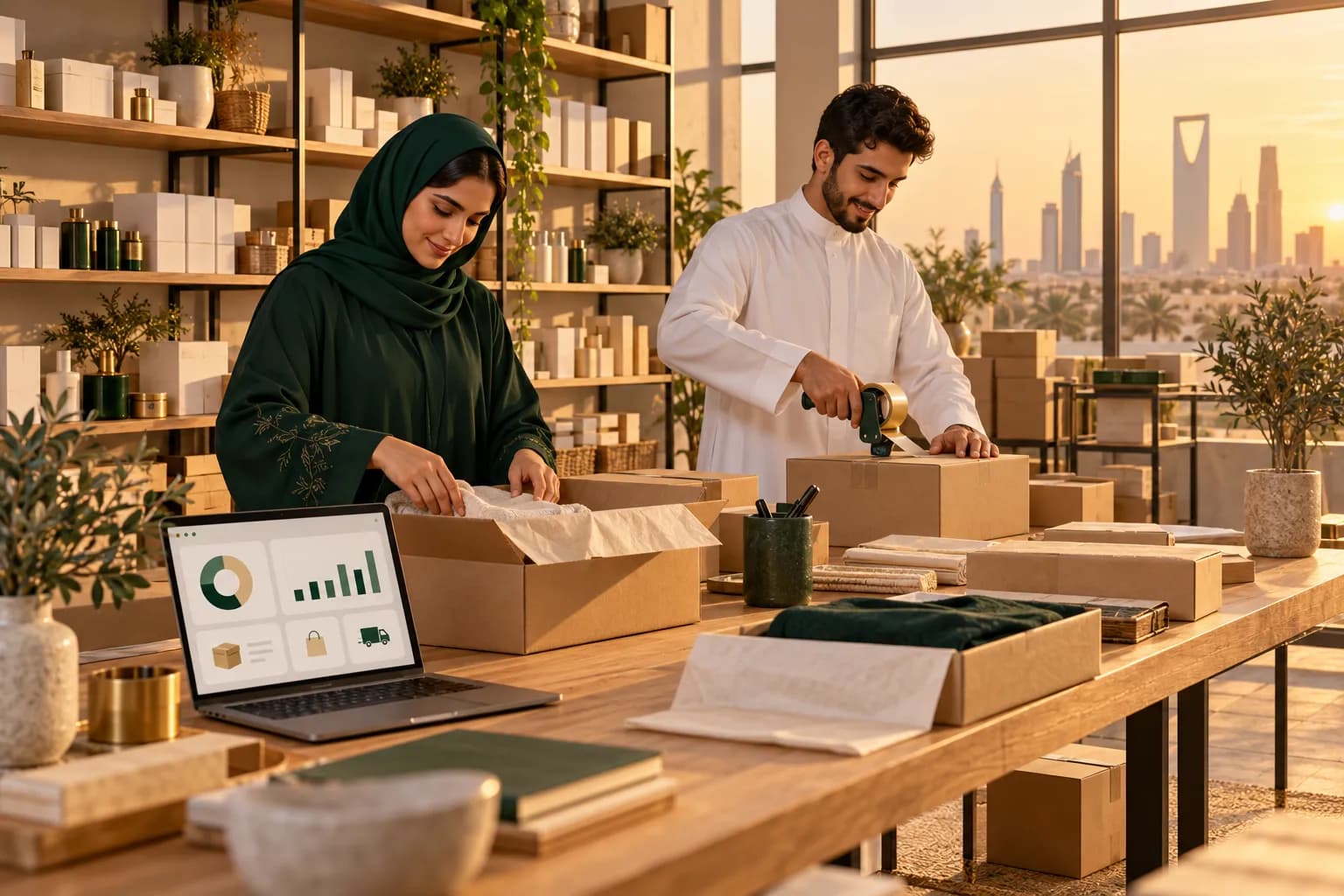 فريق تجارة إلكترونية صغير في مستودع خليجي مضيء يجهّز طلبات العملاء في صناديق