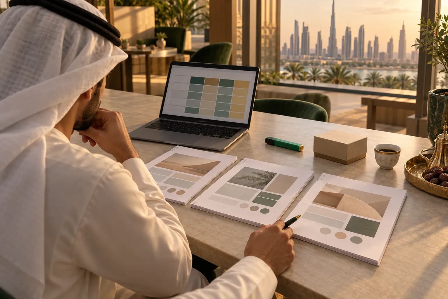 A Gulf brand founder comparing three printed agency proposals and a scorecard on a laptop at a Riyadh office table