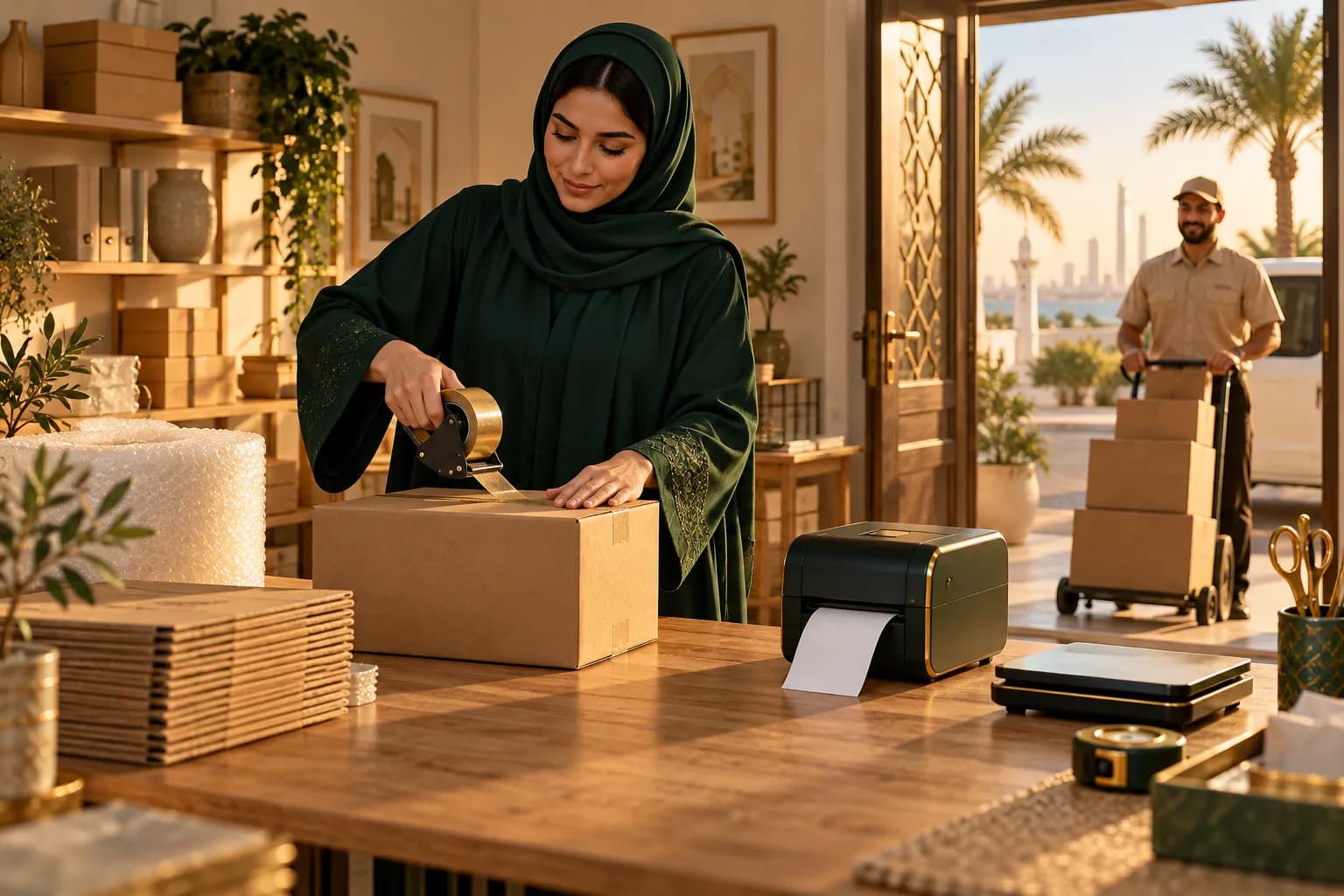 A Saudi woman taping a right-sized parcel at a packing table with a label printer and scale, while a courier waits at the door