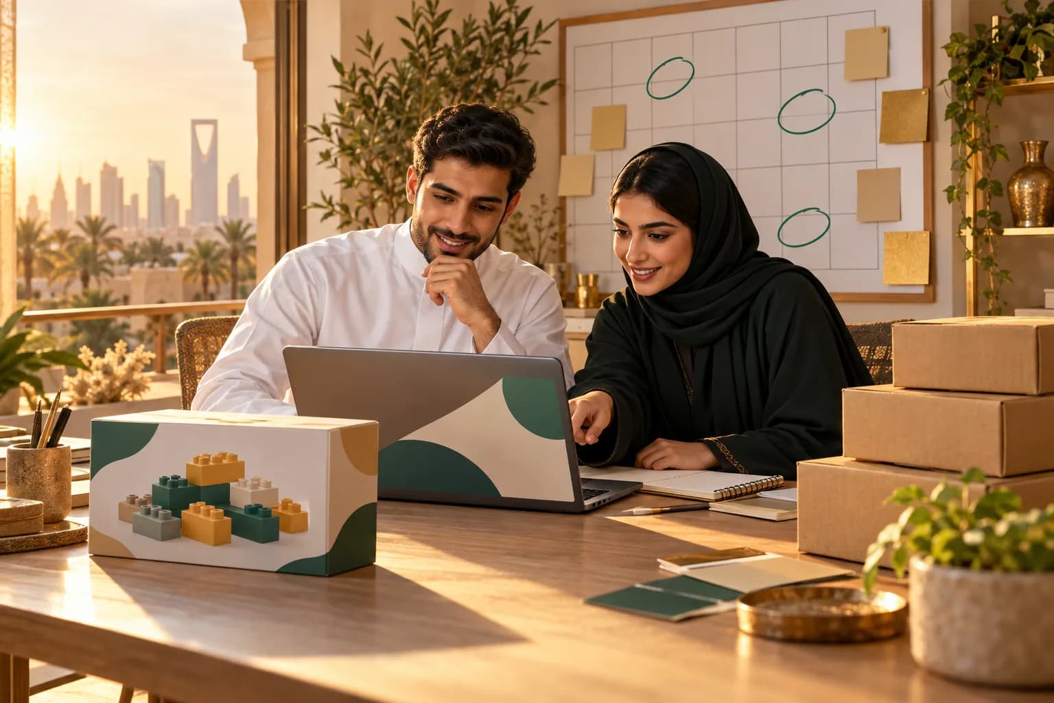 بائع سعودي وشريكته على طاولة في استوديو منزلي مضيء يخططان لإطلاق متجر إلكتروني على حاسوب محمول، مع علبة مكعبات بناء وكراتين شحن وتقويم على الحائط