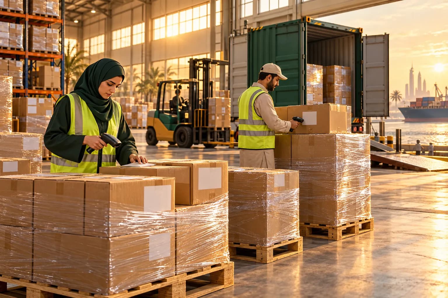 Workers in a bright South China consolidation warehouse labelling and stacking cartons onto pallets bound for Gulf fulfilment centres