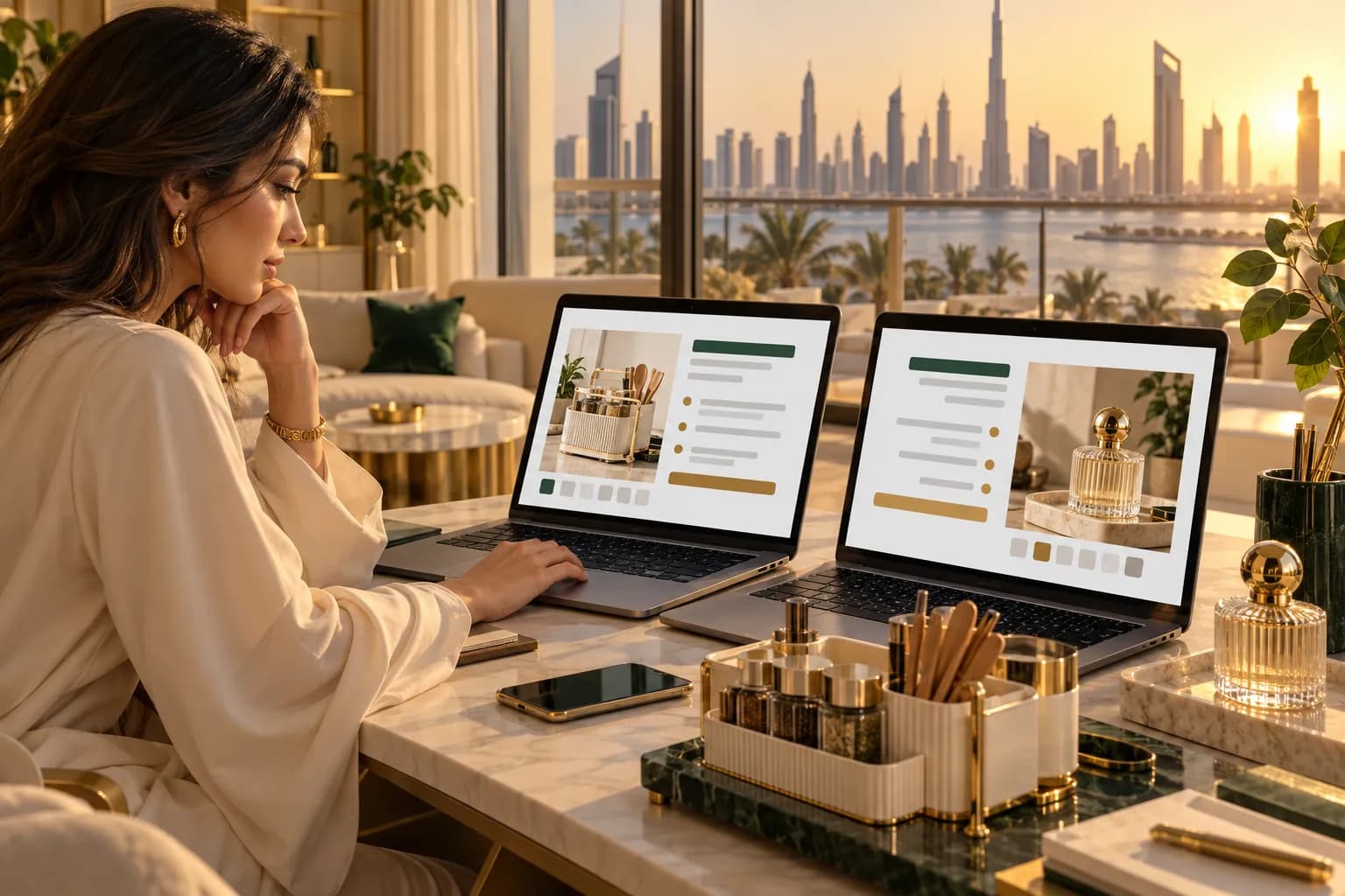 بائعة في شقة مشرقة في دبي تقارن صفحة منتج بالإنجليزية وأخرى بالعربية على شاشتين، وعينات المنتجات على المكتب