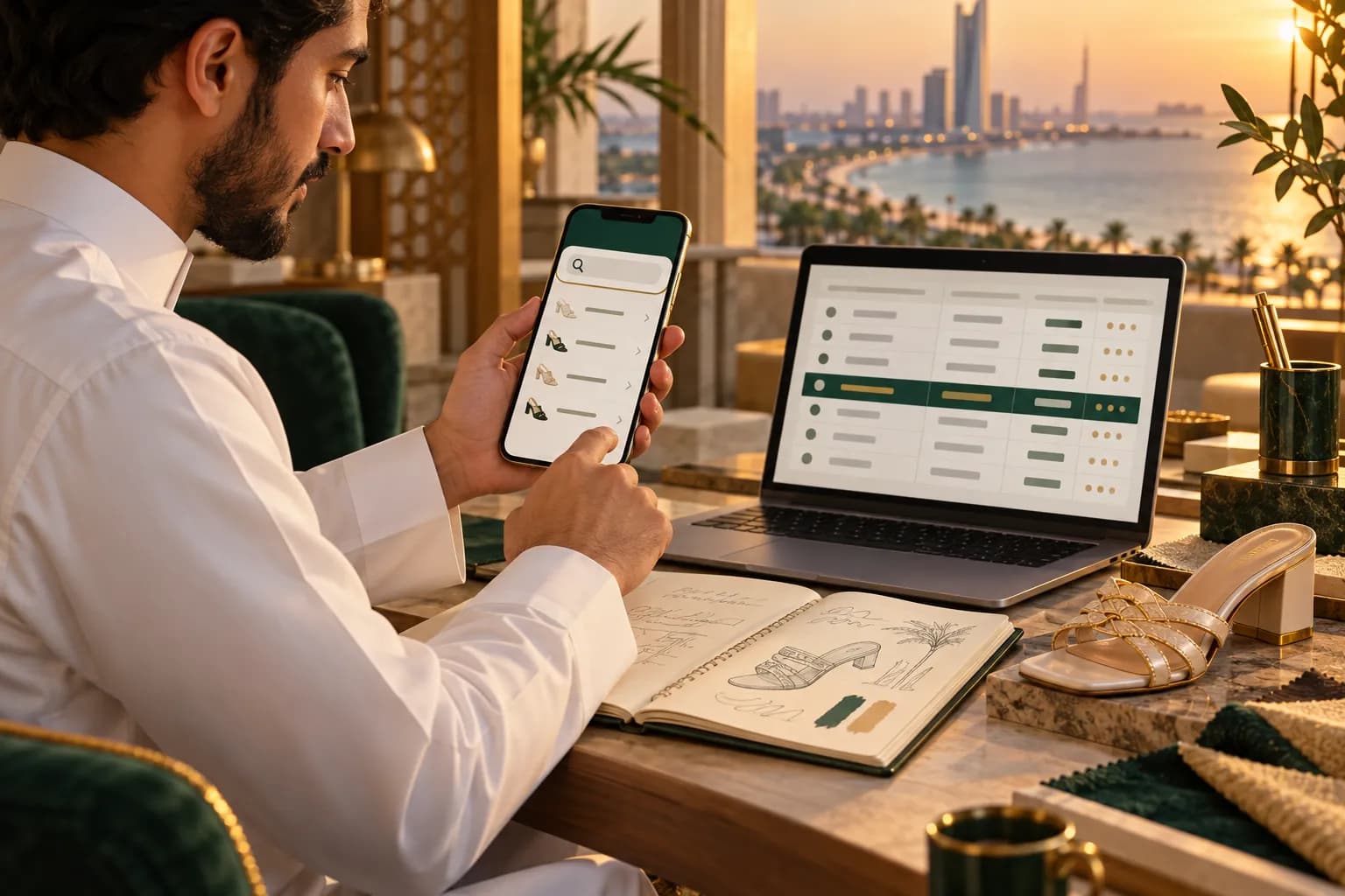 مسوّق سعودي شاب على مكتبه يقارن اقتراحات البحث العربية على جواله بجدول كلمات مفتاحية على حاسوبه