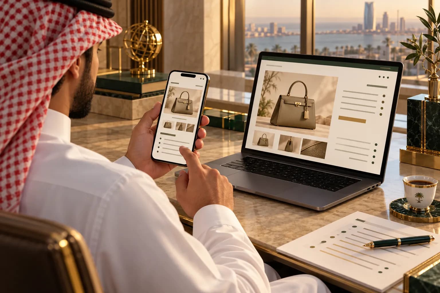 كاتب سعودي يراجع صفحة منتج عربية على الجوال بجانب لابتوب يعرض الصفحة نفسها