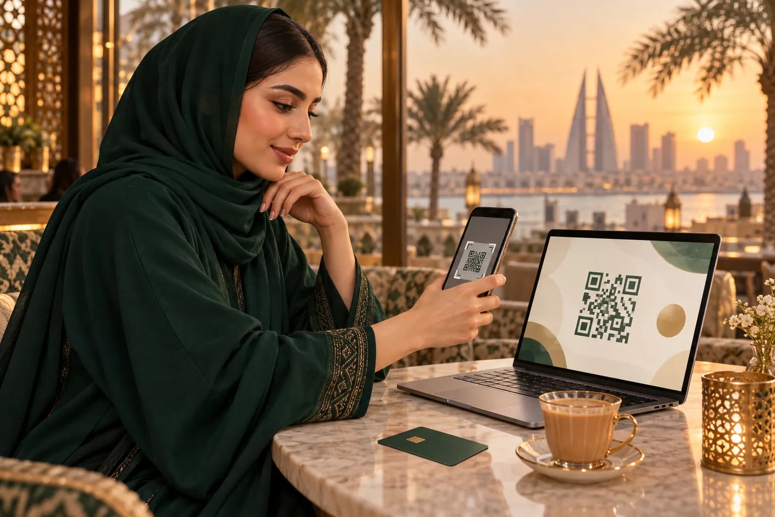 شابة بحرينية بعباءة محتشمة تدفع ثمن طلب أونلاين بتطبيق محفظة على هاتفها في مقهى بالمنامة وقت الغروب