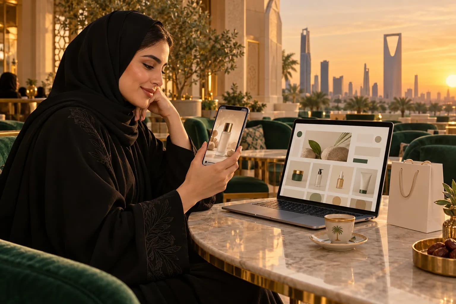 شابة سعودية بعباءة محتشمة تتصفح المنتجات على جوالها في مقهى بالرياض