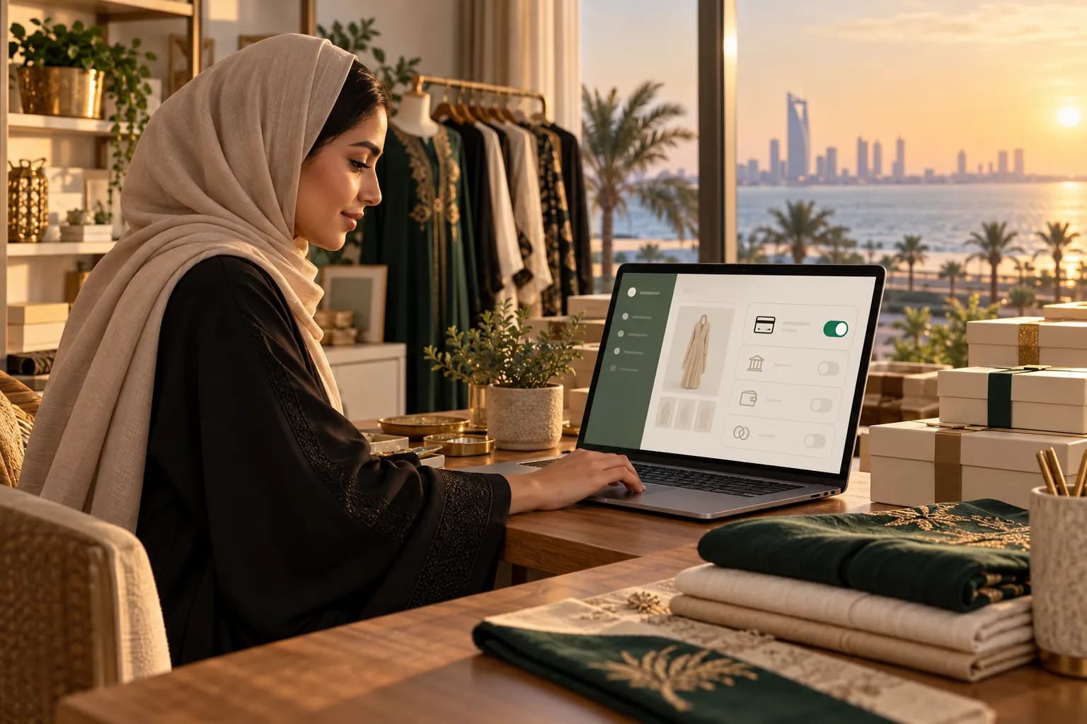 صاحبة متجر سعودية تفعّل الدفع بالتقسيط من إعدادات الدفع في متجرها الإلكتروني على حاسوب محمول في استوديو بجدة