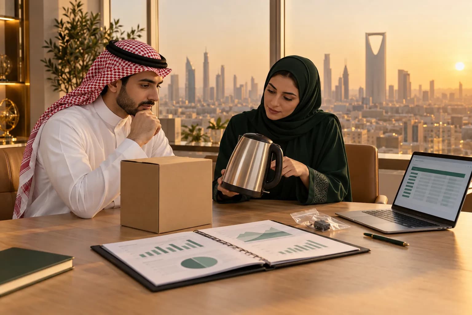 مستورد سعودي ومهندس اعتماد على طاولة مكتب في الرياض يقارنان عينة منتج وملف تقارير الاختبار وعرض سعر على حاسوب محمول