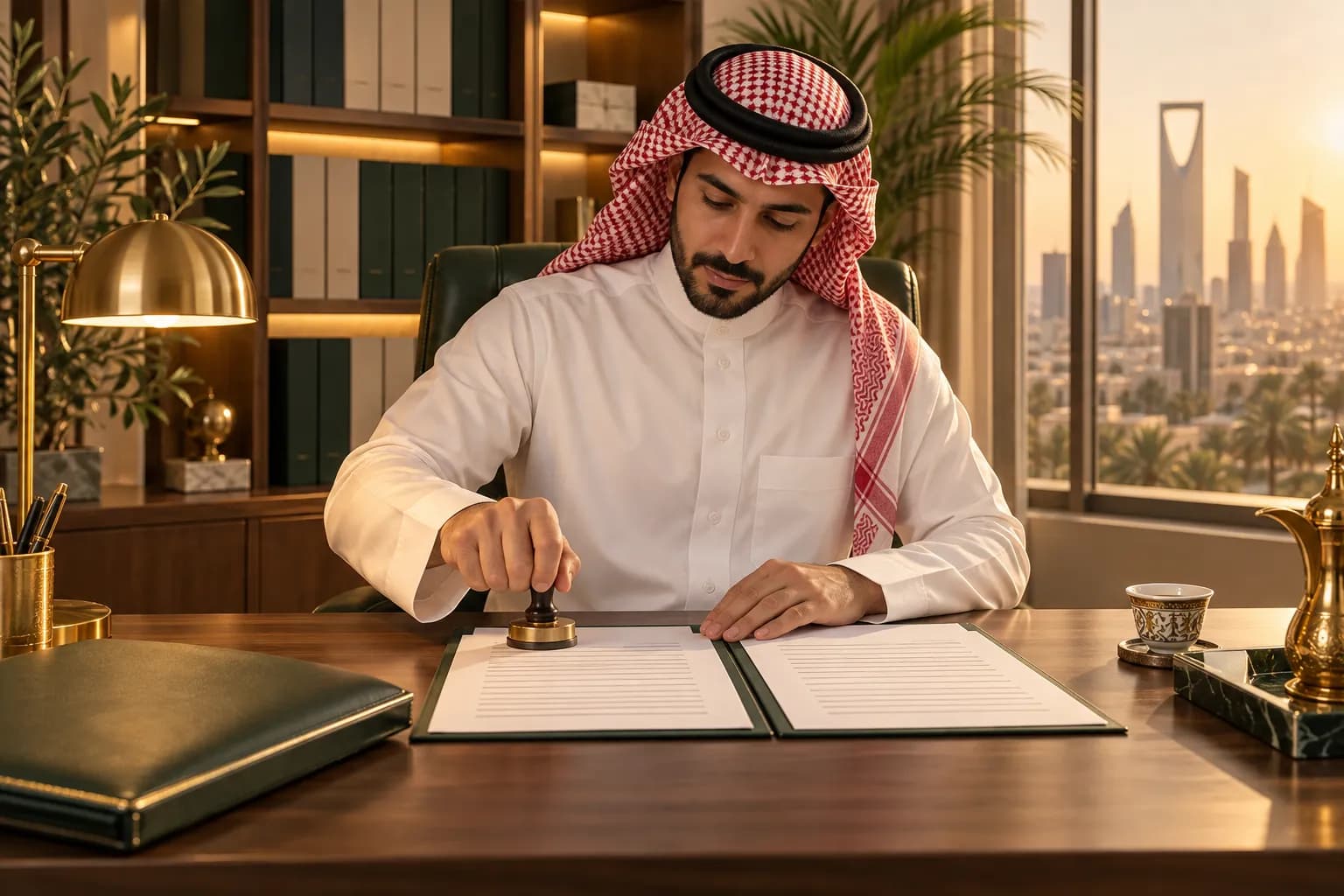 مترجم في مكتب ترجمة معتمد بالرياض يختم مستند شركة مترجمًا بجانب الأصل، مع ملف مستندات على المكتب