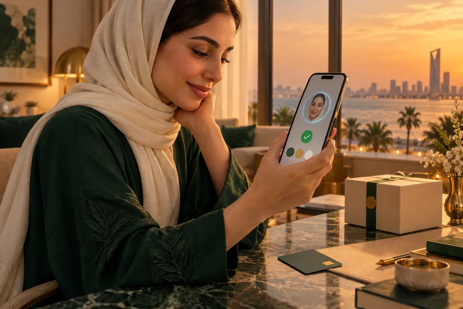 A young Saudi woman paying on her phone at home, with a simple checkout screen and a row of payment buttons