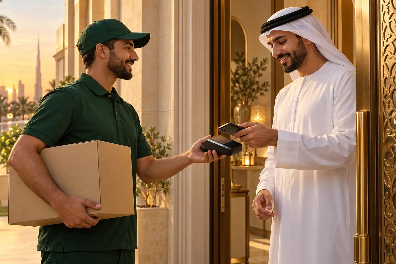 مندوب يحمل جهاز دفع بالبطاقة عند باب شقة بينما يدفع رجل إماراتي مبتسم بكندورة بيضاء عبر هاتفه