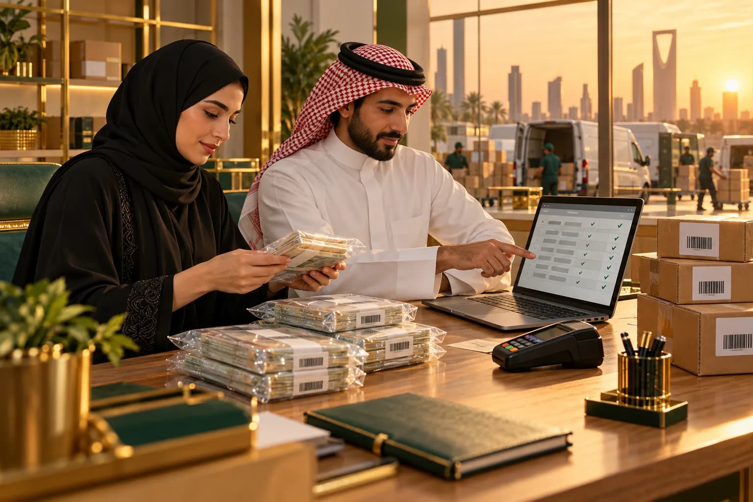 موظفان في مكتب شركة شحن بالرياض يطابقان أكياس النقد المختومة مع ملف مطابقة على حاسوب محمول
