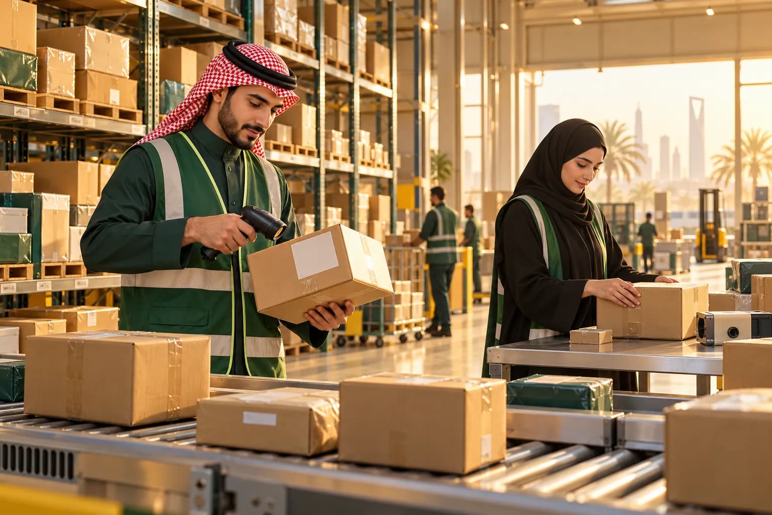 Returned cardboard parcels being sorted on shelves at a Gulf courier depot while a worker scans labels