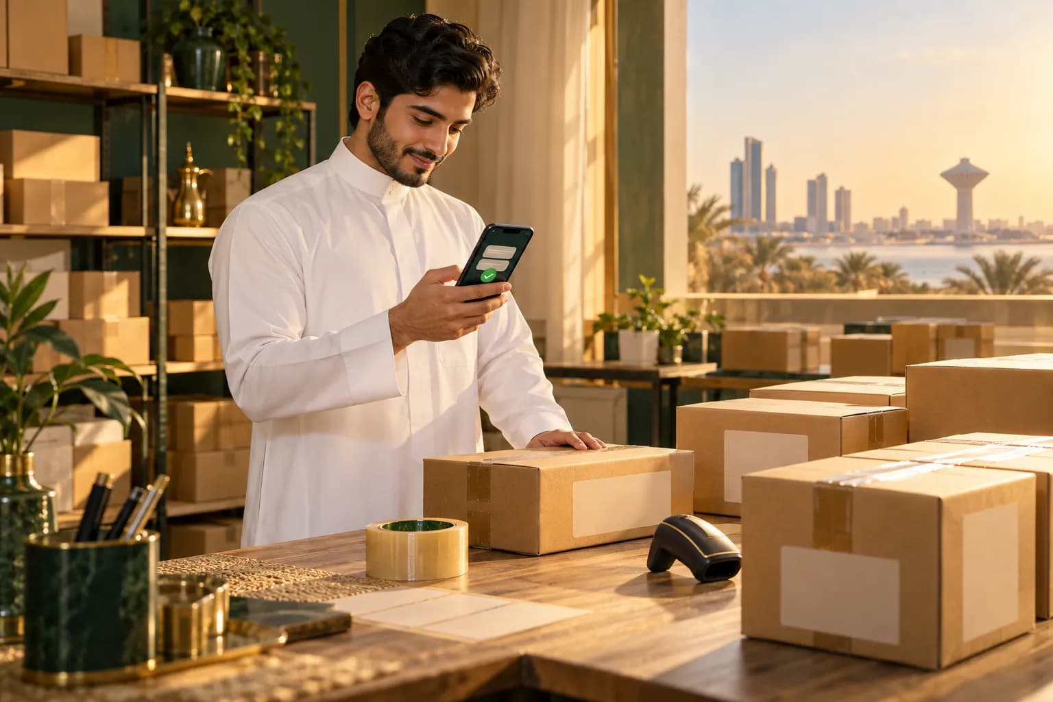 A young Saudi shop worker at a packing table checking a WhatsApp order confirmation on a smartphone beside sealed parcels