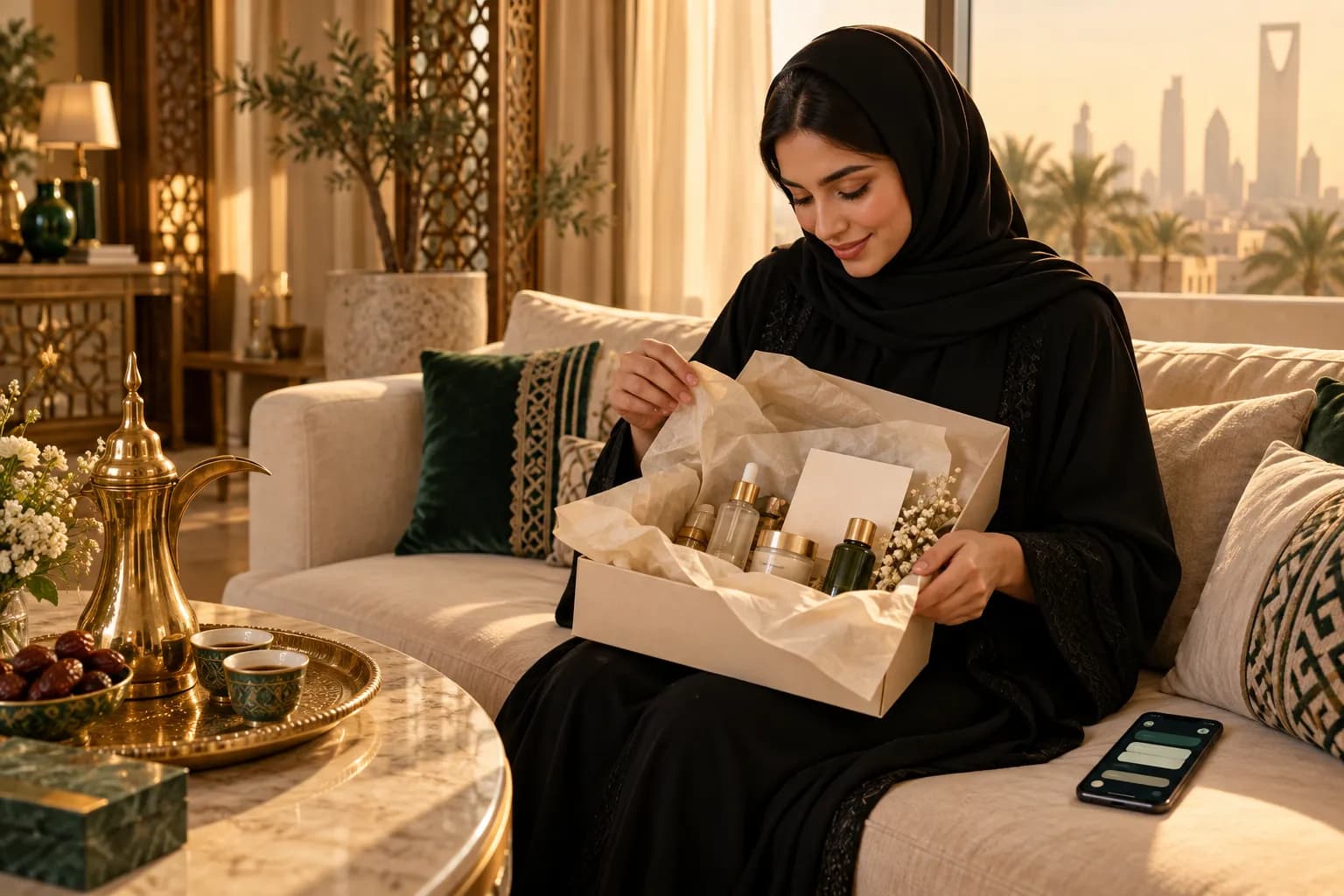 امرأة سعودية بعباءة محتشمة تفتح طرداً مرتباً لمنتجات العناية بالبشرة في منزلها بالرياض وتبتسم لبطاقة شكر صغيرة