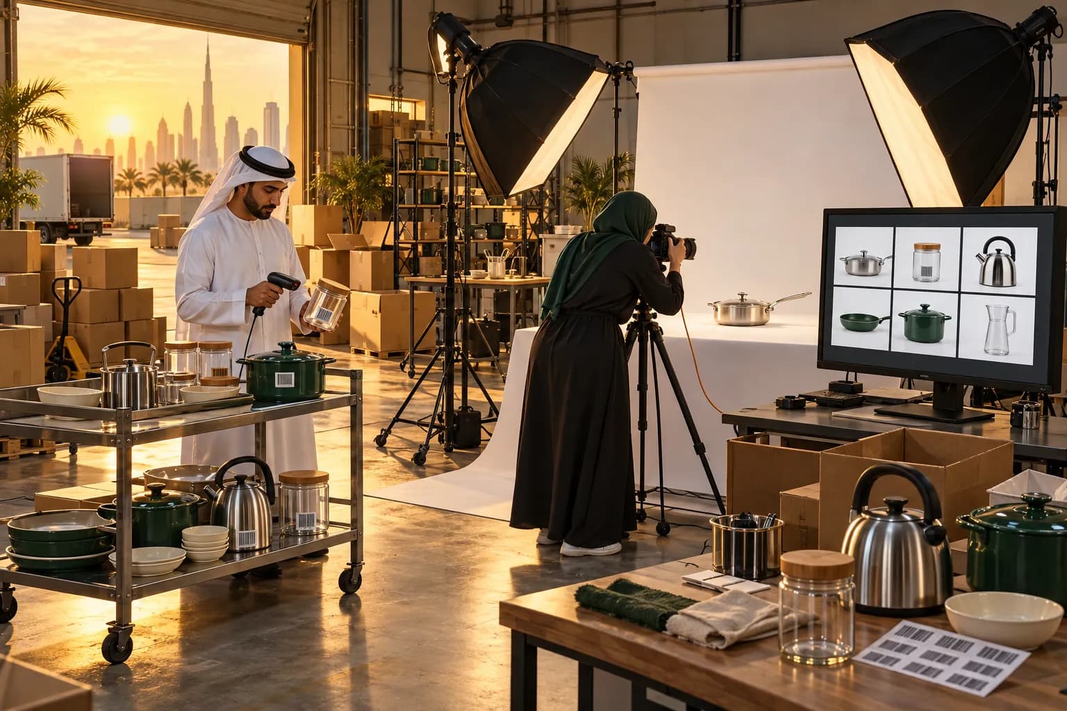 A Dubai ecommerce studio running a bulk packshot line, with a photographer shooting kitchen products one by one on a white sweep while an assistant scans SKU labels and lines up the next items on a trolley