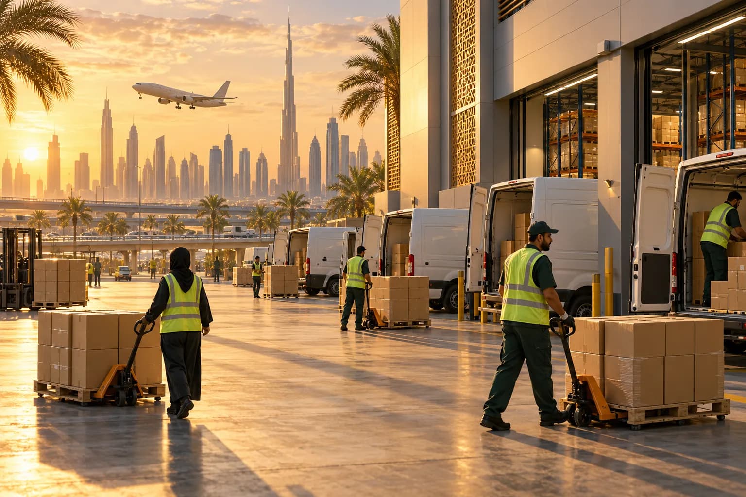 A modern fulfilment warehouse in Dubai South at golden hour, with delivery vans loading and the Dubai skyline in the distance