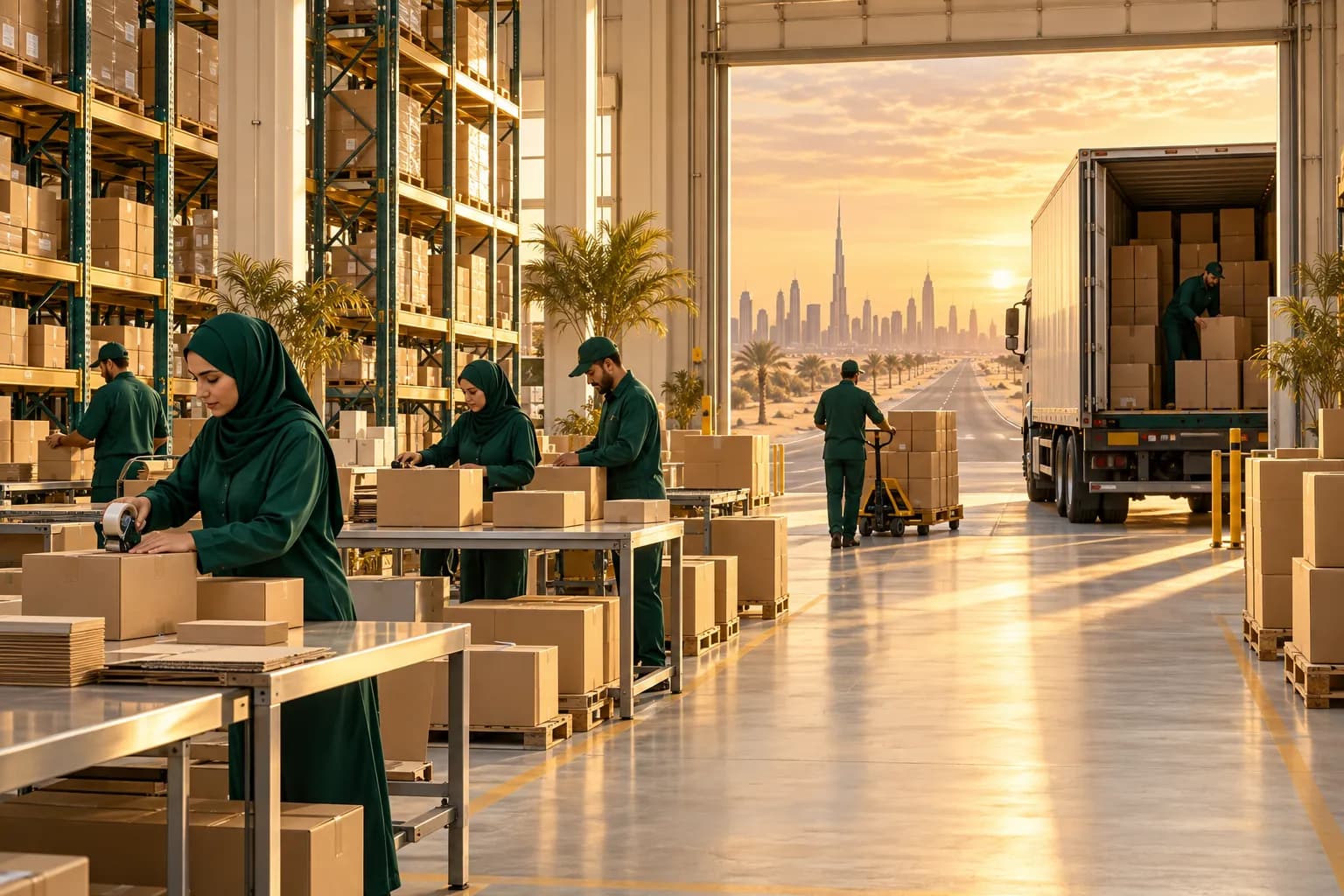 Workers packing parcels in a Dubai free-zone fulfilment warehouse, with a delivery truck loading for a desert highway