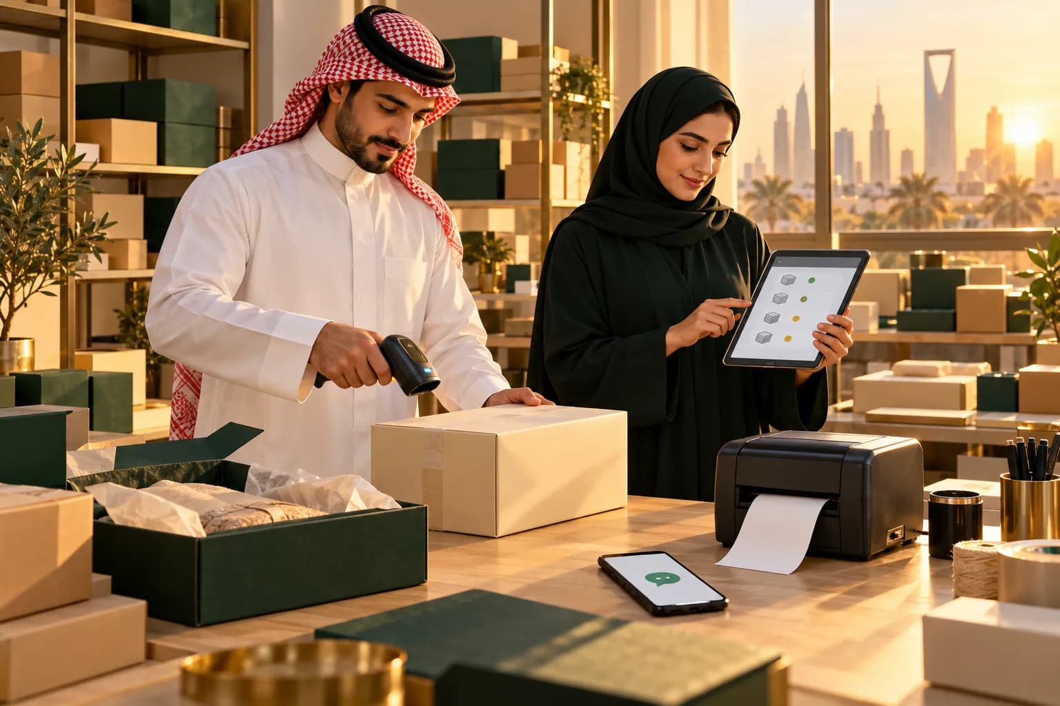 فريق سعودي في غرفة تجهيز طلبات صغيرة في الرياض يمسح طردًا ويراجع الطلبات على جهاز لوحي