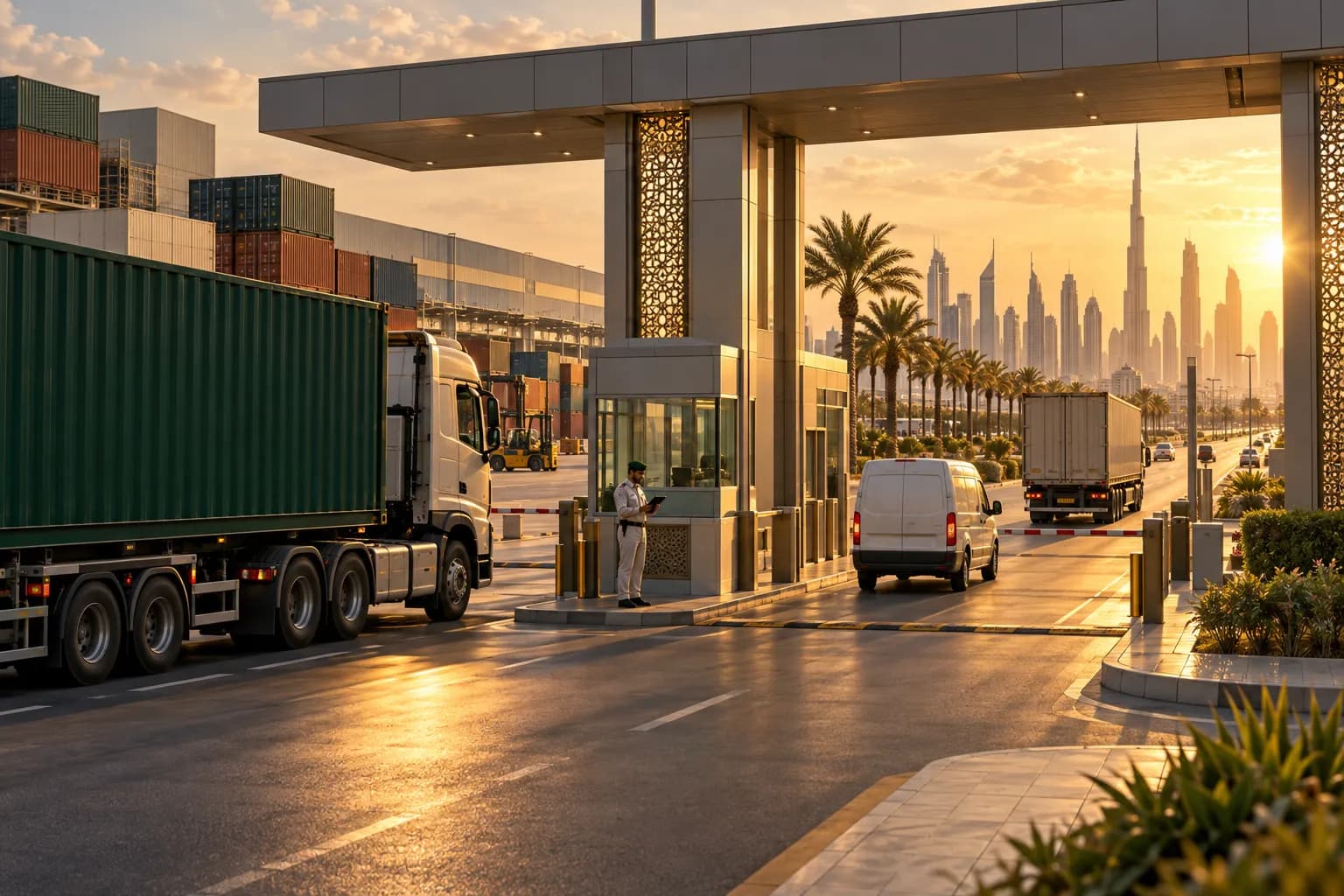 Container trucks passing through a customs gate between a Dubai free zone and the mainland at golden hour