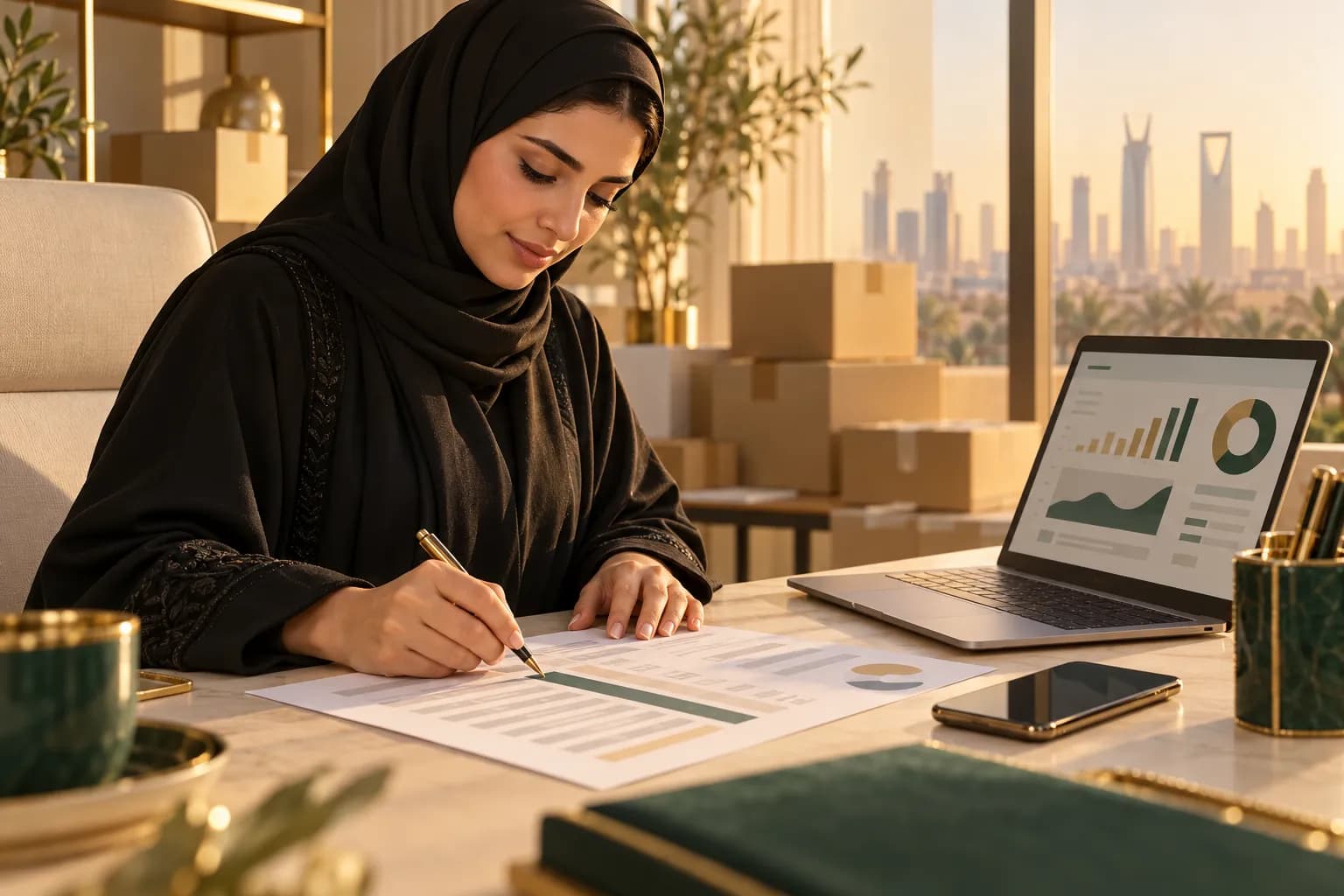 صاحبة متجر سعودية على مكتبها تراجع كشف مدفوعات شهريًا مطبوعًا بقلم، وبجانبها حاسوب محمول وهاتف