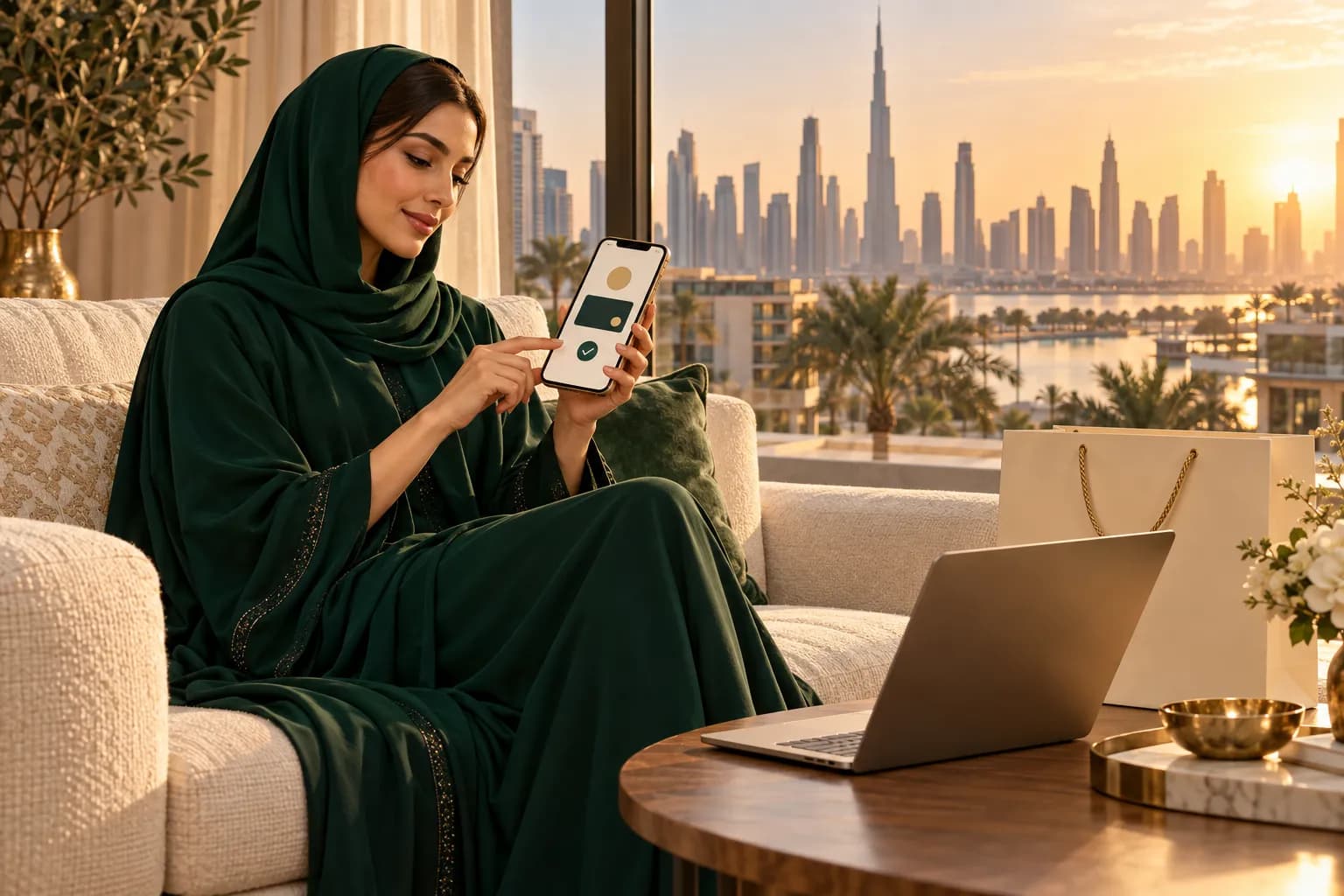 A young woman in a modest abaya completing an online checkout with a phone wallet in a sunlit Dubai apartment, shopping bag and laptop beside her