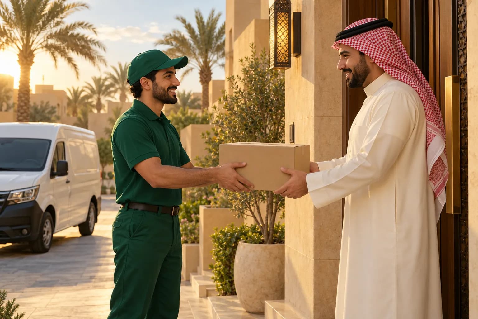 مندوب توصيل يسلّم طرداً لمتسوقة مبتسمة عند باب فيلا في الرياض وقت الغروب