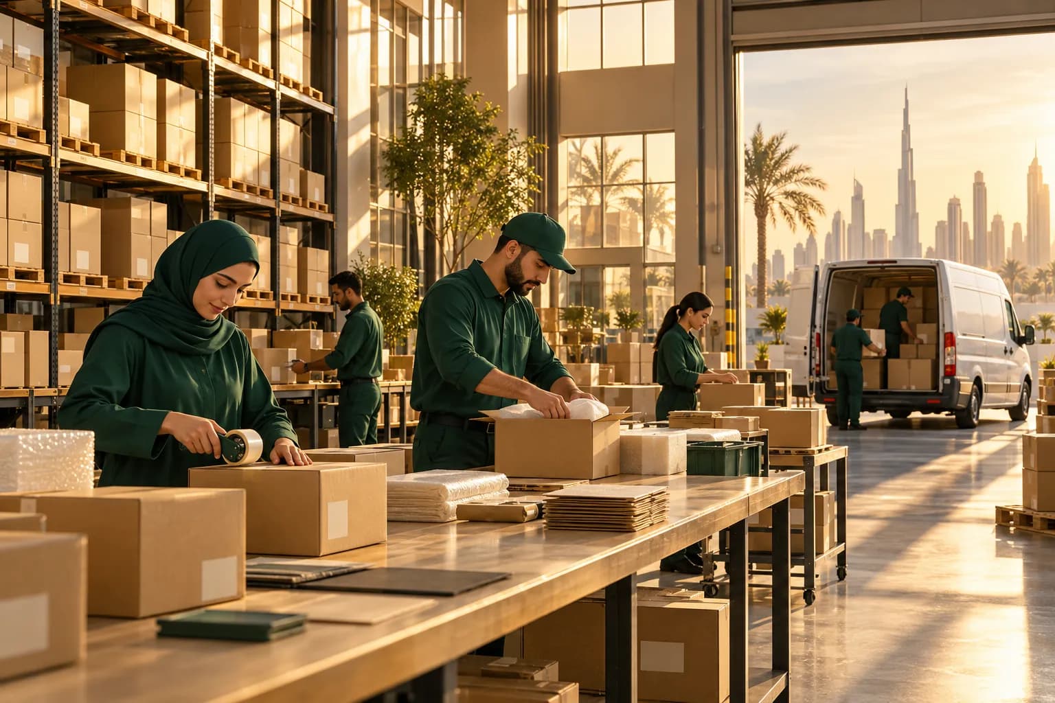 كراتين تُجهَّز في طرود شحن داخل مستودع في دبي، وسيارة توصيل تُحمَّل إلى السعودية في الخلفية