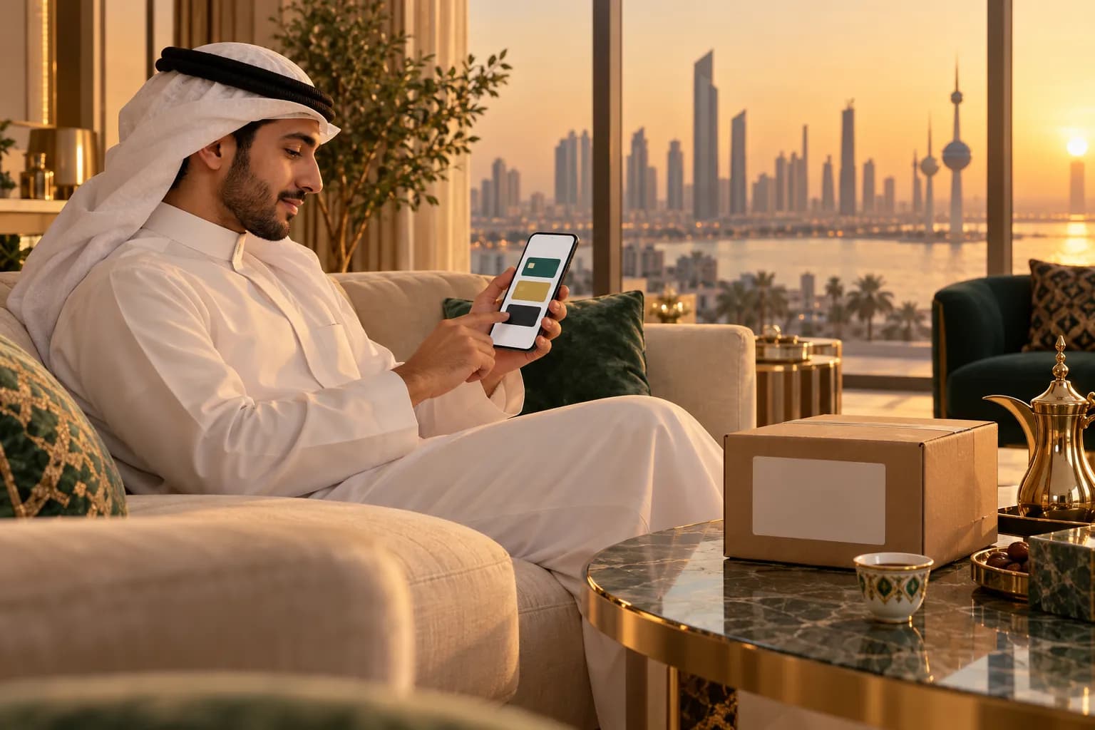 A young Kuwaiti man in a white dishdasha on a sofa at home, choosing a payment option on his phone with a delivered parcel beside him