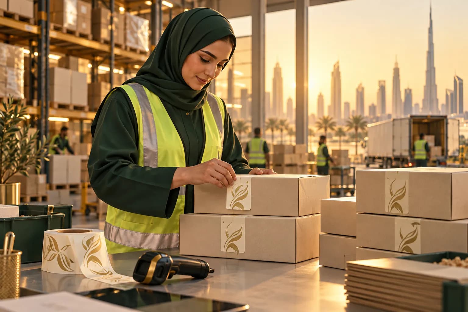 عامل في مركز تجهيز طلبات في دبي يلصق ملصقات عربية وإنجليزية على علب منتجات مرتبة فوق طاولة تغليف نظيفة