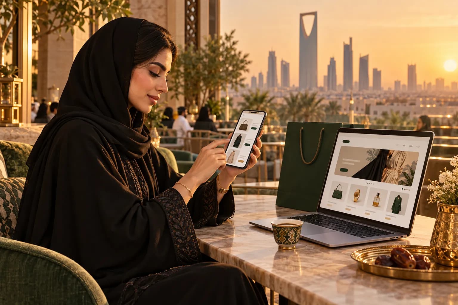 A young Saudi woman in a café in Riyadh comparing product photos and prices on her phone, with a laptop showing an Arabic online store beside her