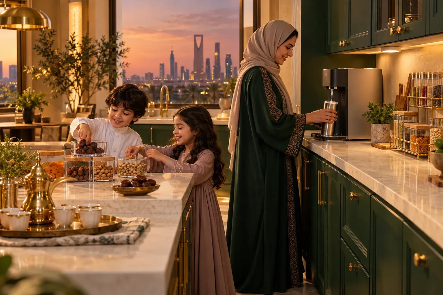 مطبخ عائلة سعودية فيه أكواب حافظة للحرارة وموزع مياه ومنظمات تخزين على الرخامة في ضوء المساء الدافئ