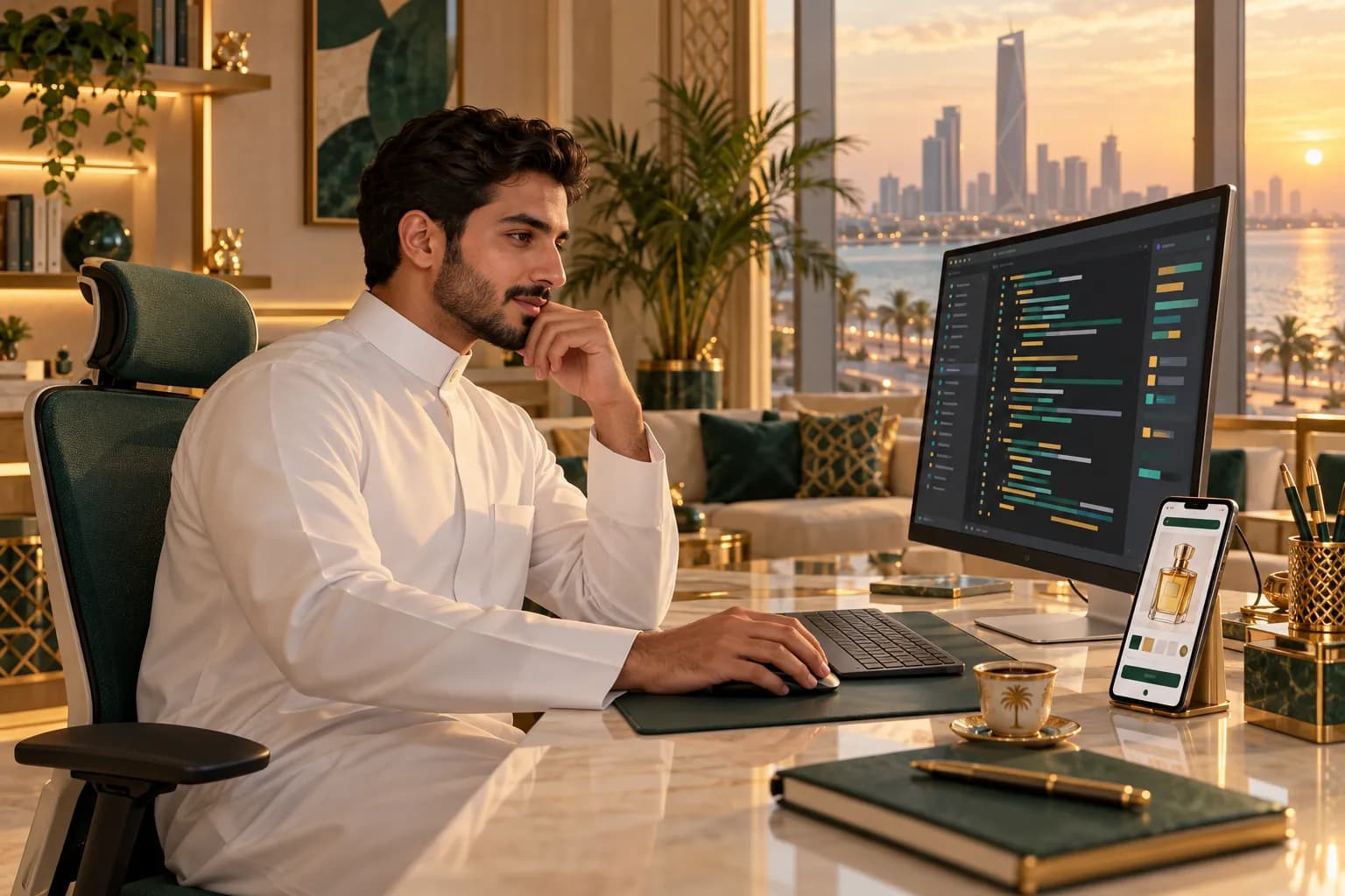 A young Saudi web developer at a desk checking the page source of an Arabic online store on a large monitor, with the same product page open on a phone beside the keyboard