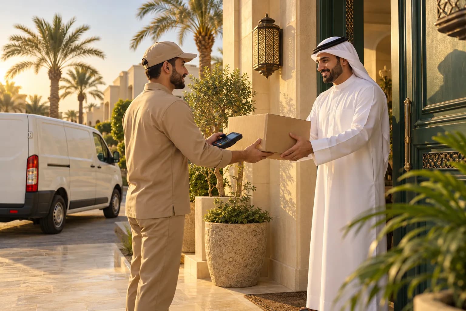 مندوب توصيل يسلّم طرداً لرجل كويتي مبتسم يرتدي دشداشة بيضاء عند باب فيلا في مدينة الكويت، ويحمل جهاز دفع بالبطاقة