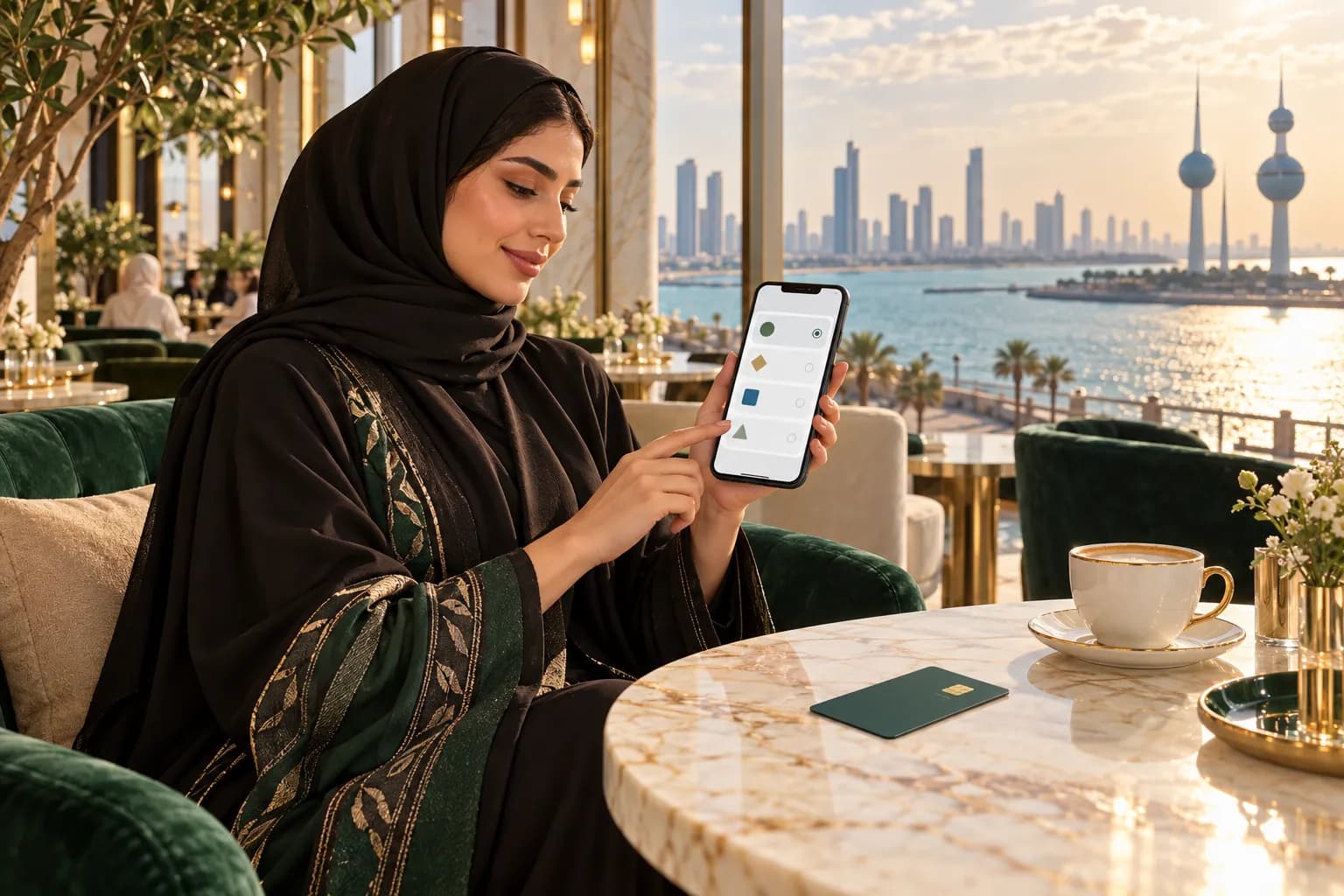 شابة كويتية تدفع ثمن طلب أونلاين من هاتفها على طاولة مقهى في مدينة الكويت وبجانبها بطاقة خصم