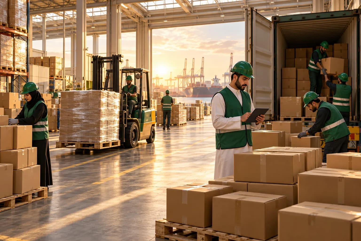 Workers in a Gulf container freight station loading cartons from several suppliers onto pallets beside an open shipping container