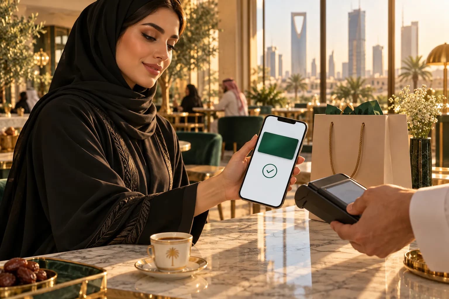 A Saudi shopper in a Riyadh café paying for an online order with a mada card through Apple Pay on her iPhone