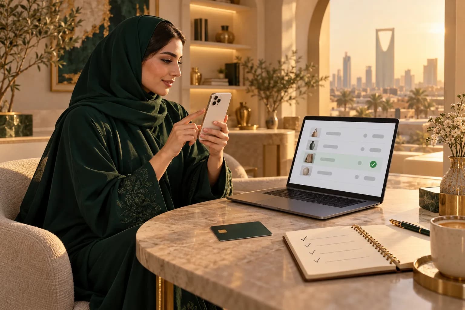 صاحبة متجر سعودية في الرياض تنفّذ طلب اختبار على آيفون وتتابع الطلب في لوحة تحكم على حاسوبها