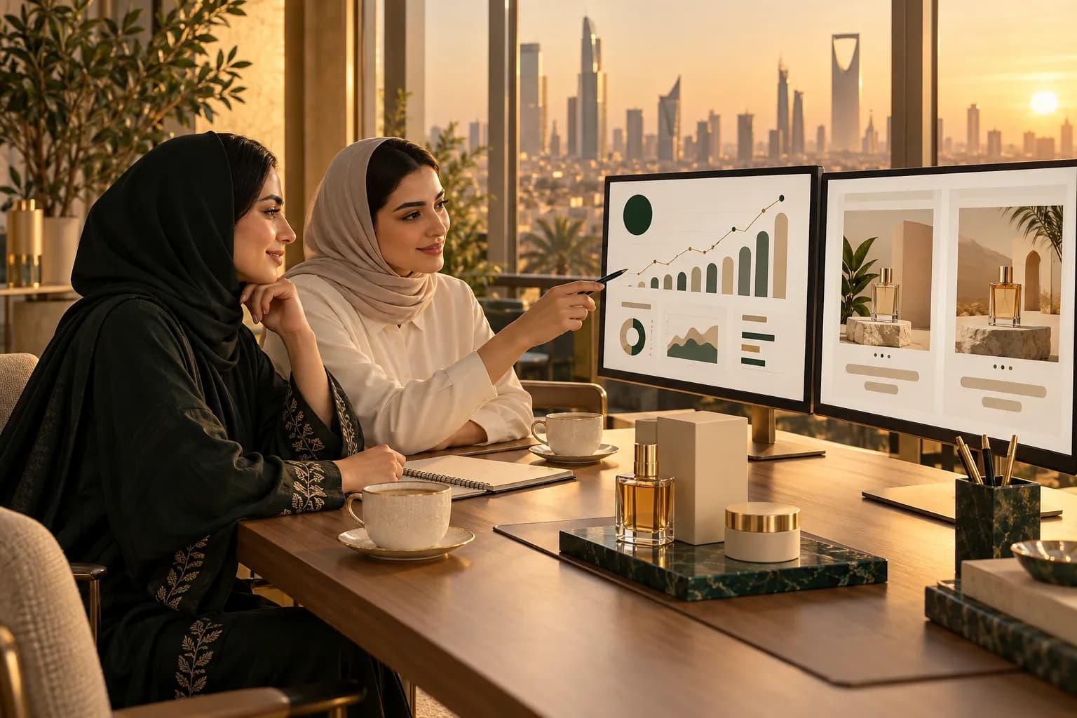 A Gulf brand owner and an agency account manager reviewing an ads dashboard and a bilingual product listing on two screens