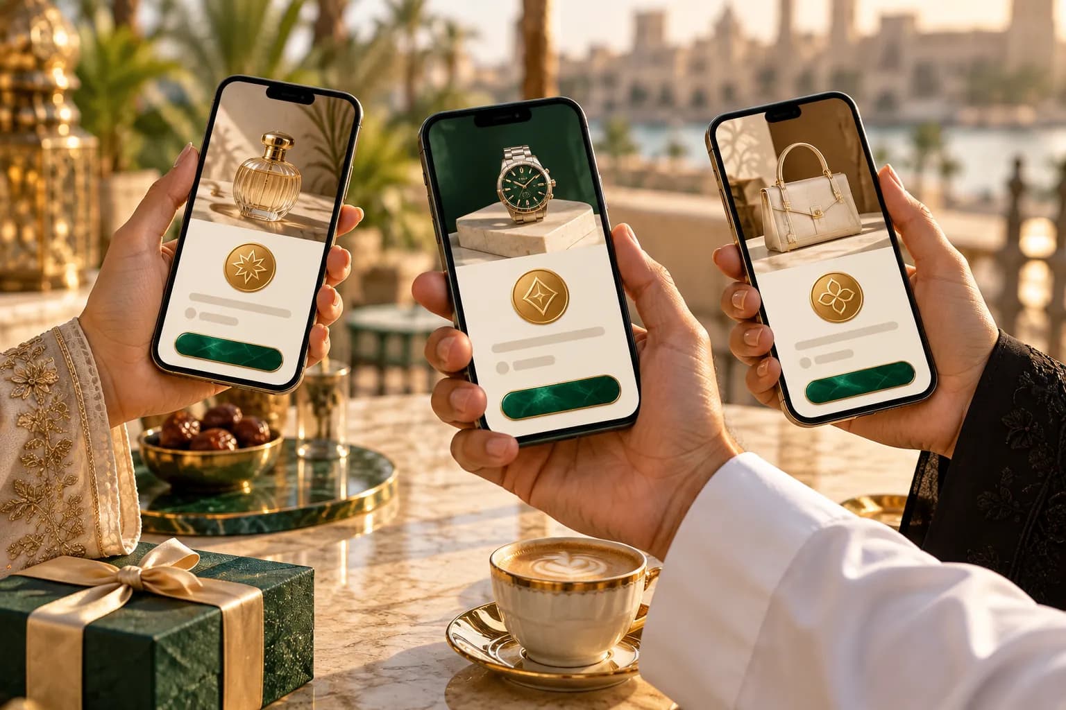 ثلاثة متسوقين خليجيين يدفعون عبر هواتف تعرض أسعارًا بعملات محلية مختلفة