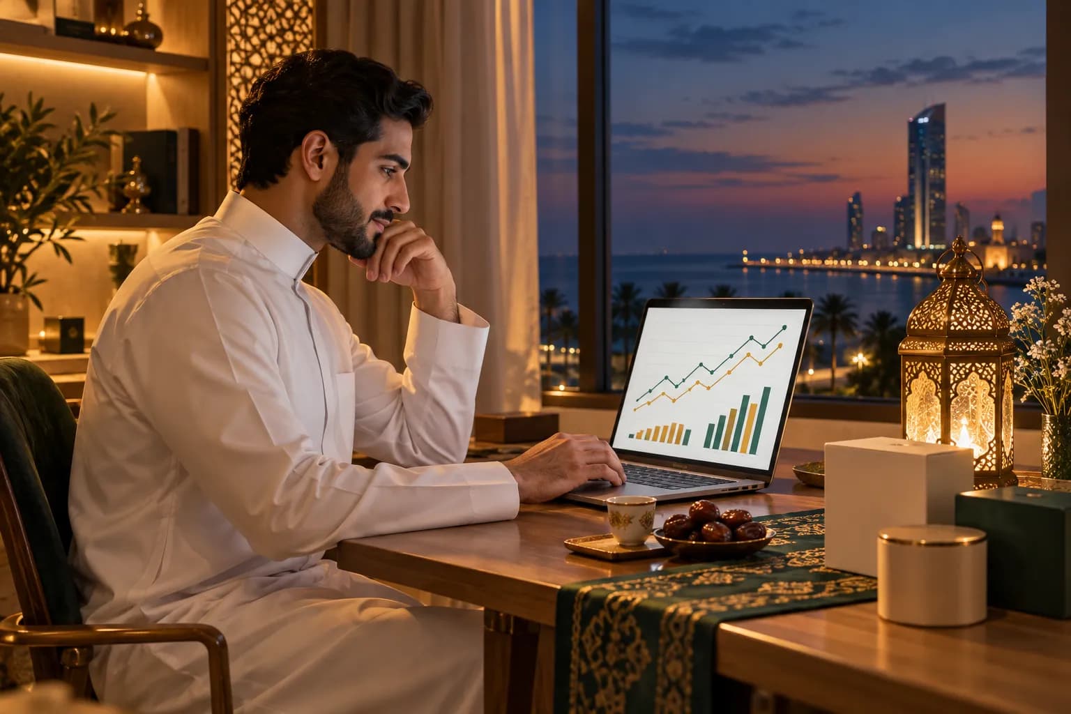 شاب سعودي بثوب أبيض يراجع رسوماً بيانية لحملات إعلانية على حاسوبه في مساء رمضاني، بجانبه فانوس مضيء وتمر وقهوة عربية