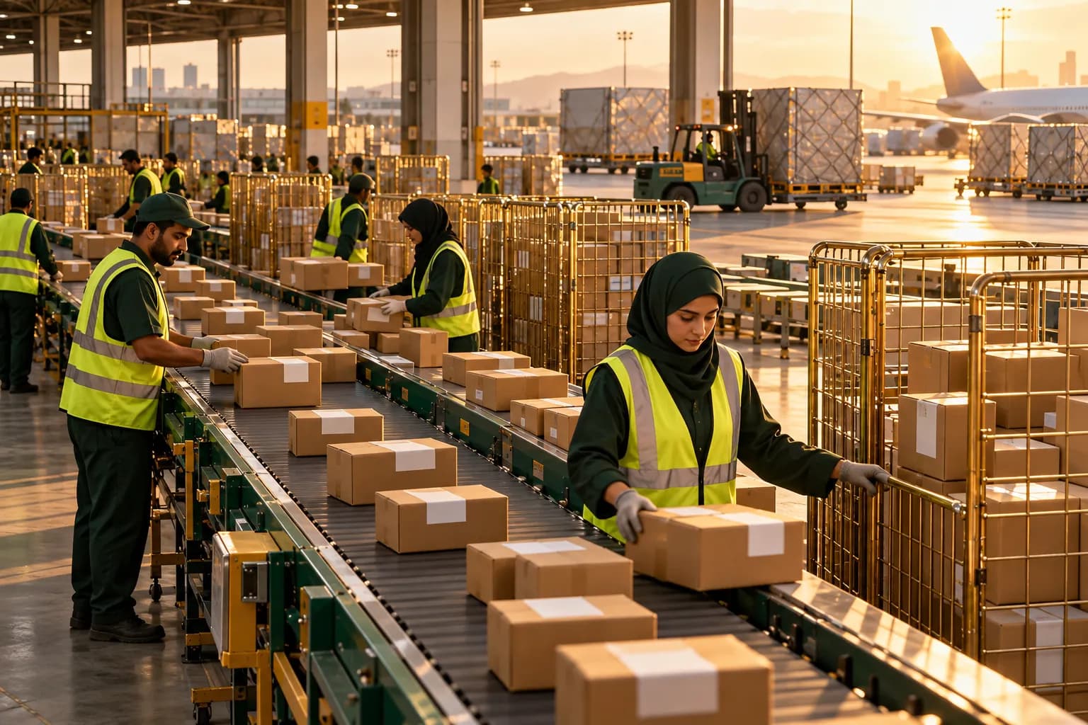 Workers sorting packed parcels on a conveyor at a consolidation hub in Shenzhen