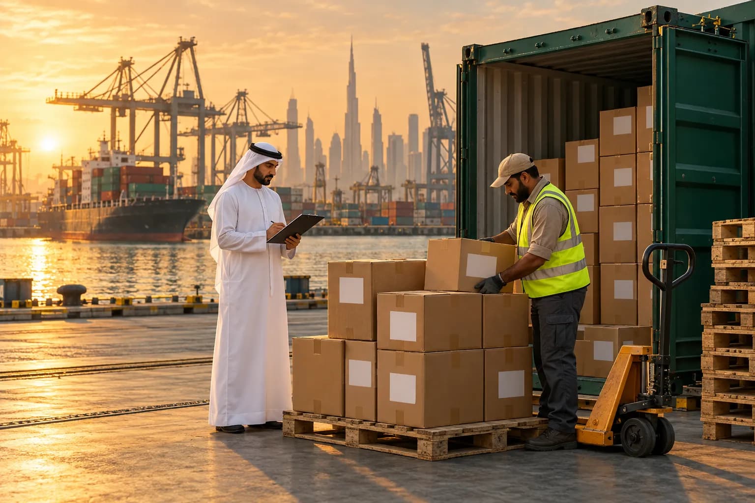 A customs broker and a warehouse worker checking labelled cartons and paperwork beside a shipping container at a Dubai port at golden hour