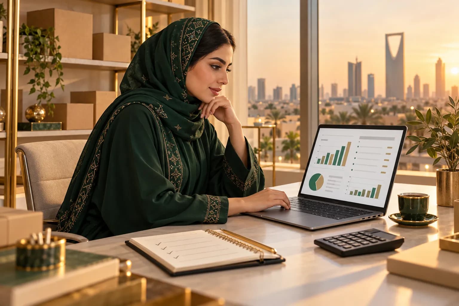A Saudi seller at a desk in a bright Riyadh office reviewing a weekly sales statement on a laptop, with a calculator and a coffee cup beside her