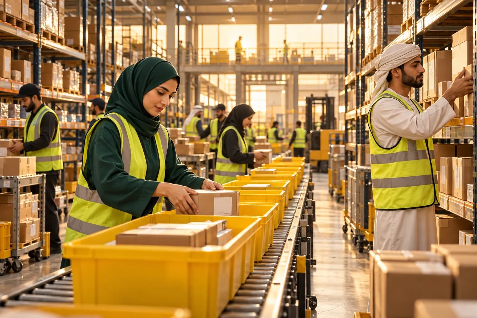 Busy Gulf fulfilment centre aisle at peak season, staff in hi-vis vests picking parcels from tall racks into yellow totes on a conveyor