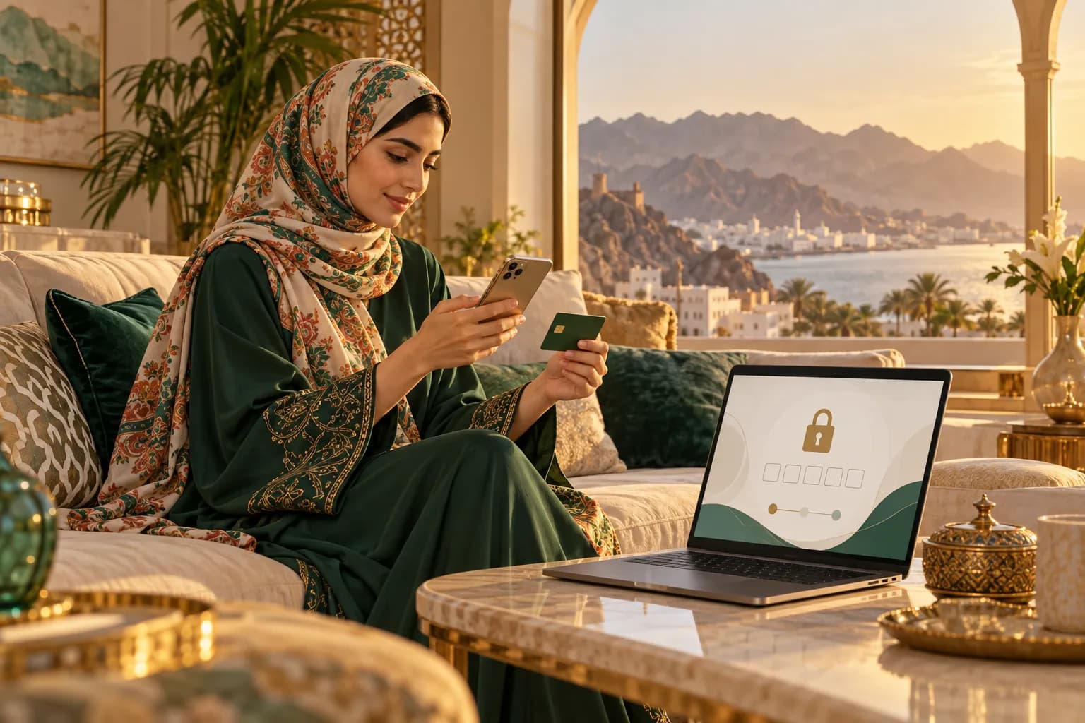 A young Omani woman in a colourful headscarf paying for an online order on her phone with a debit card, sitting in a bright Muscat living room at golden hour