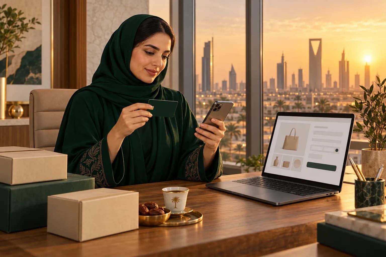 صاحبة متجر سعودية تختبر صفحة الدفع في متجرها ببطاقة خصم وهاتف ذكي بجانب حاسوب محمول في مكتب بالرياض