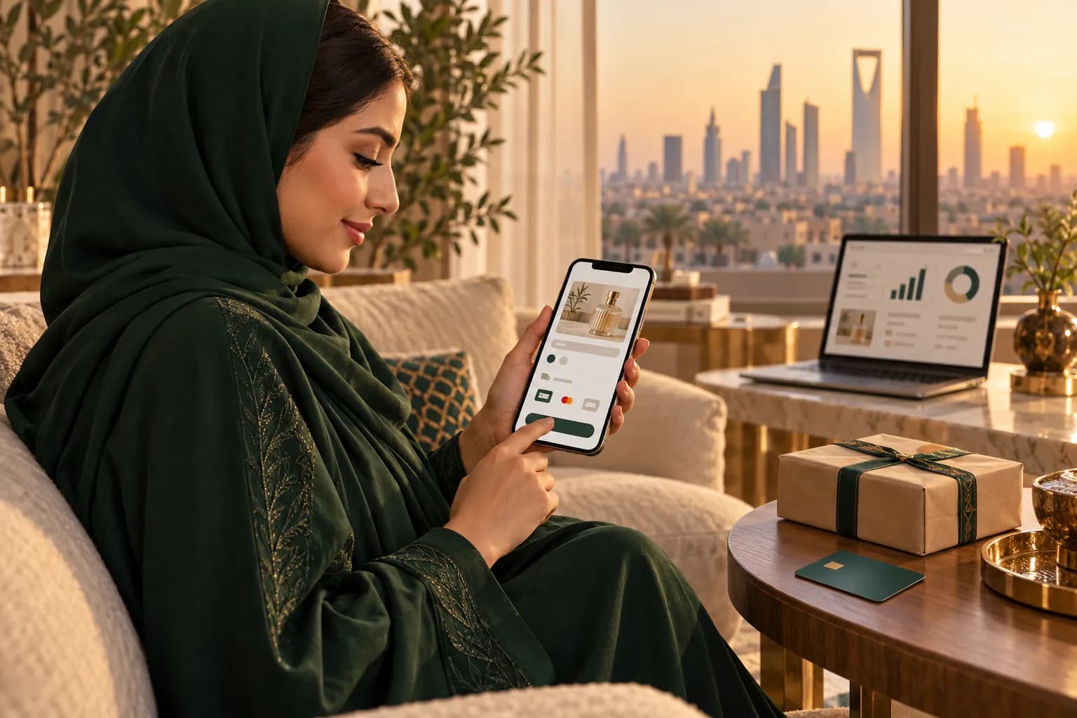 متسوقة سعودية تدفع من جوالها عبر صفحة دفع عربية في متجر إلكتروني، وبجانبها طرد من شركة الشحن