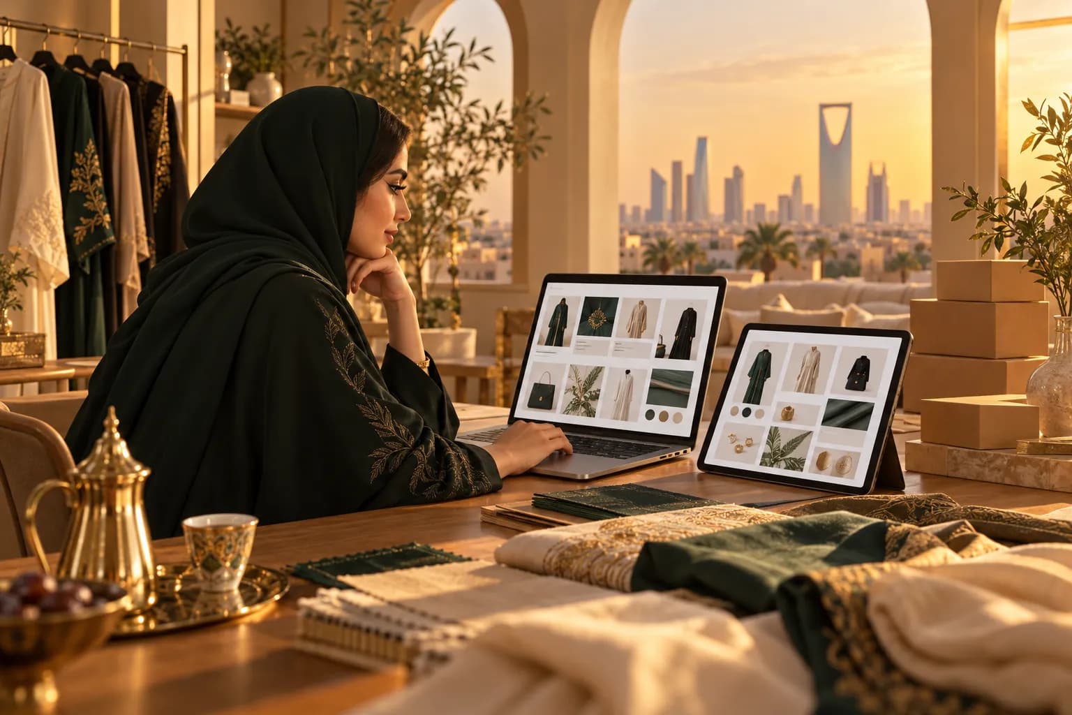 رائدة أعمال سعودية شابة على مكتب في استوديو منزلي تقارن بين لوحتي تحكم لمتجرين إلكترونيين على حاسوب محمول وجهاز لوحي، وبجانبها عينات أزياء مطوية